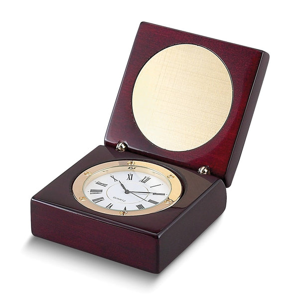 Mahogany Finish Square Wood Box with Clock and Engraving Plate