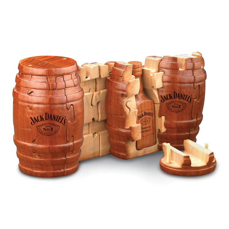 Jack Daniels Wooden Whiskey Barrel Puzzle with Miniature Replica of JD Bottle Inside