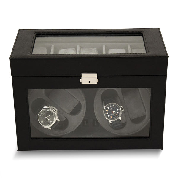 Black Leather Glass Top Four Watch Winder
