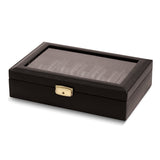 Black Leather Glass Lid Fabric-Lined Locking 10-Watch Case