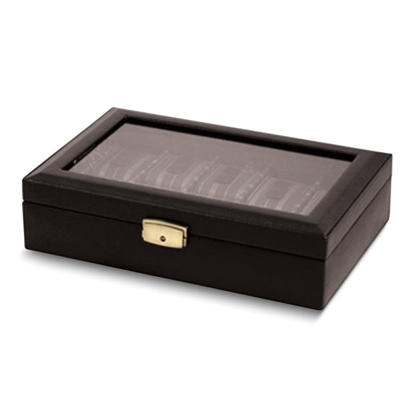 Black Leather Glass Lid Fabric-Lined Locking 10-Watch Case