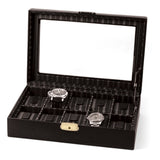Black Leather Glass Lid Fabric-Lined Locking 10-Watch Case