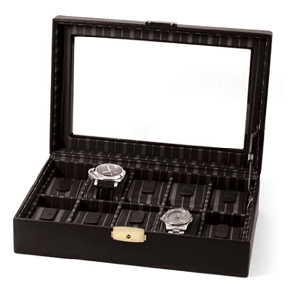 Black Leather Glass Lid Fabric-Lined Locking 10-Watch Case