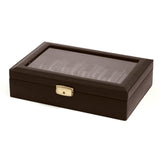 Brown Leather Glass Lid Fabric-Lined Locking 10-Watch Case
