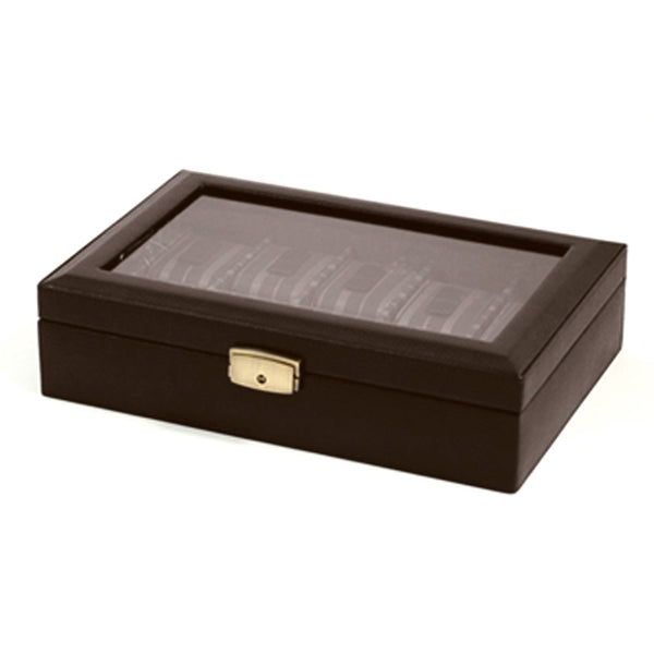 Brown Leather Glass Lid Fabric-Lined Locking 10-Watch Case