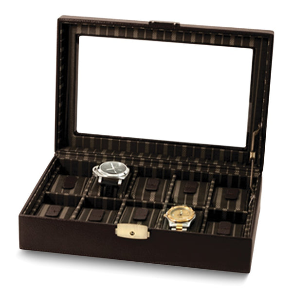 Brown Leather Glass Lid Fabric-Lined Locking 10-Watch Case