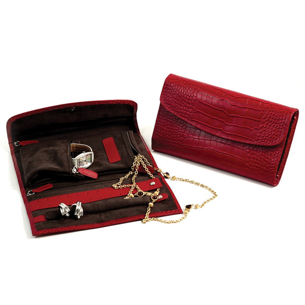 Red Leather Croco Jewelry Clutch w/Snap Closure