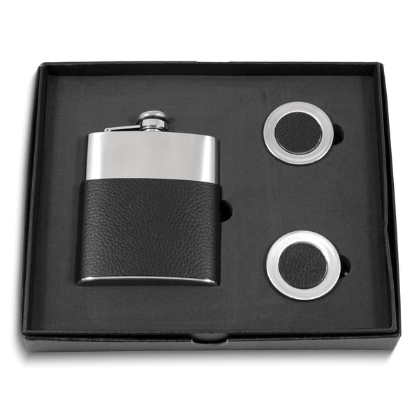 Stainless Steel 7 ounce Black Leather Wrapped Flask and 2 Collapsible Shot Glasses Gift Set