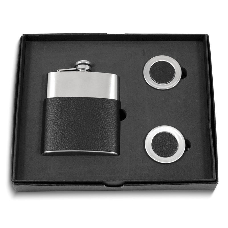 Stainless Steel 7 ounce Black Leather Wrapped Flask and 2 Collapsible Shot Glasses Gift Set