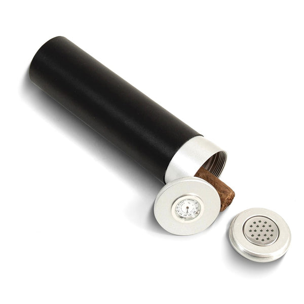 Black Leather Wrapped Aluminum Cigar Tube with Hygrometer and Humistat