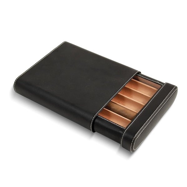 Black Leather 5-Cigar Travel Case with Spanish Cedar Lining and Humistat