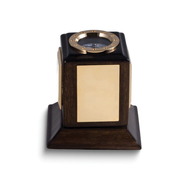 Three Time Zone Walnut Finish Wood Revolving Desk Clock with Compass and Engraving Plate