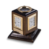 Three Time Zone Walnut Finish Wood Revolving Desk Clock with Compass and Engraving Plate