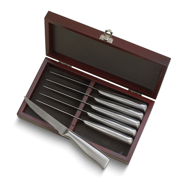 Appuntito Stainless Steel 6 Piece Knife Set with Brushed Handles in Rosewood Finish Wood Box