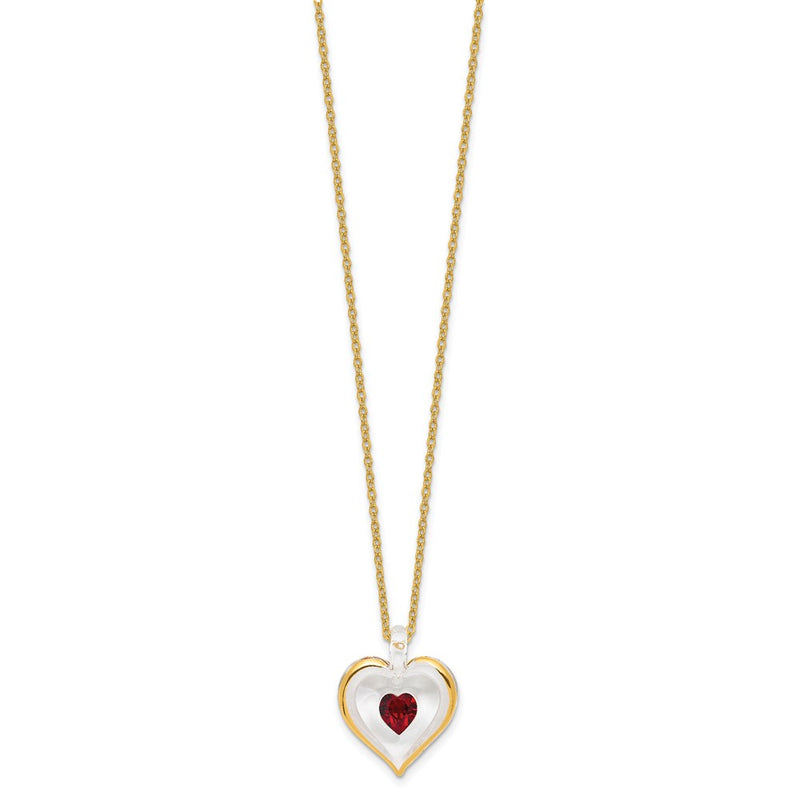Glass Baron 22K Accent Gilding Gold-trim Glass with Red January Birthstone Crystal from Swarovski Heart 18 inch Gold-tone Necklace