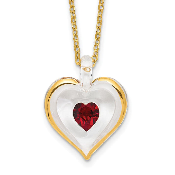Glass Baron 22K Accent Gilding Gold-trim Glass with Red January Birthstone Crystal from Swarovski Heart 18 inch Gold-tone Necklace