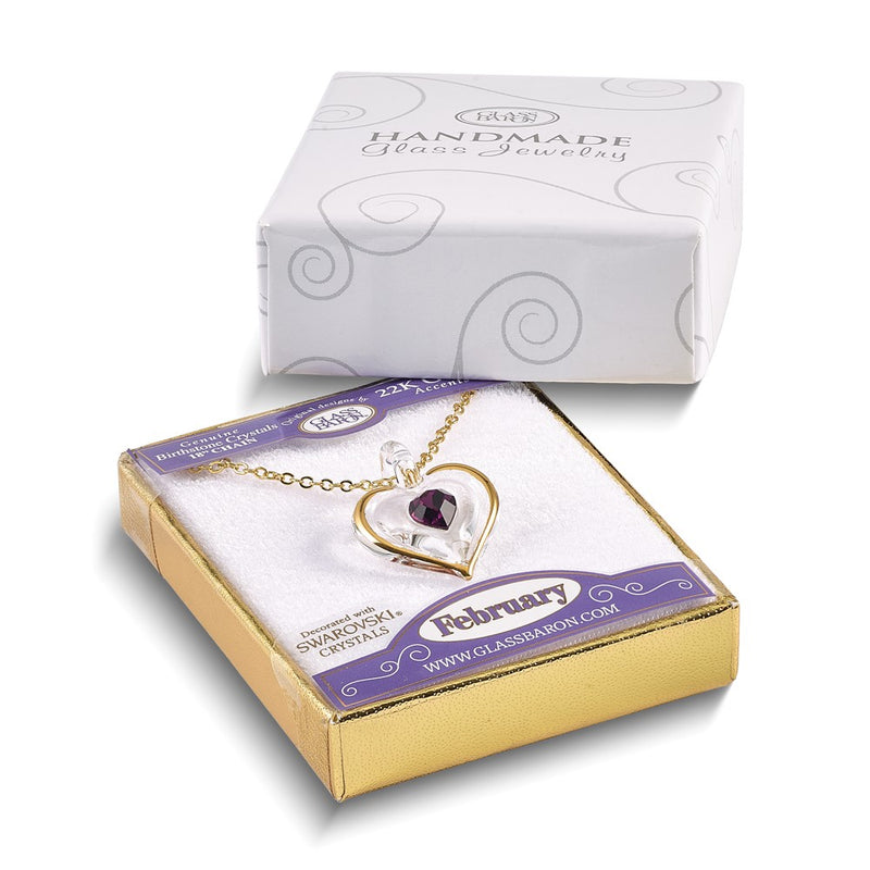 Glass Baron 22K Accent Gilding Gold-trim Glass with Purple February Birthstone Crystal from Swarovski Heart 18 inch Gold-tone Necklace