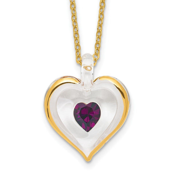 Glass Baron 22K Accent Gilding Gold-trim Glass with Purple February Birthstone Crystal from Swarovski Heart 18 inch Gold-tone Necklace
