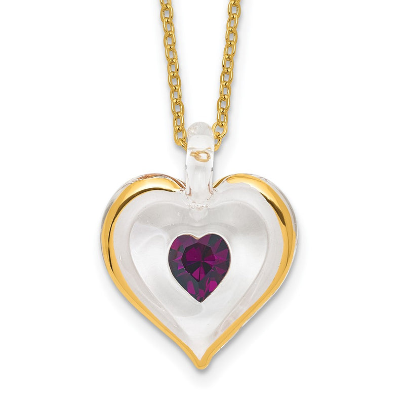 Glass Baron 22K Accent Gilding Gold-trim Glass with Purple February Birthstone Crystal from Swarovski Heart 18 inch Gold-tone Necklace