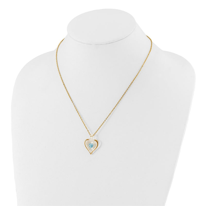 Glass Baron 22K Accent Gilding Gold-trim Glass with Blue March Birthstone Crystal from Swarovski Heart 18 inch Gold-tone Necklace