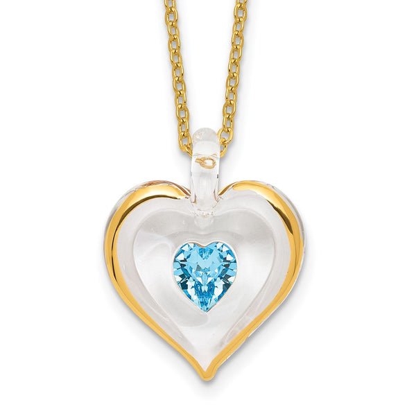 Glass Baron 22K Accent Gilding Gold-trim Glass with Blue March Birthstone Crystal from Swarovski Heart 18 inch Gold-tone Necklace
