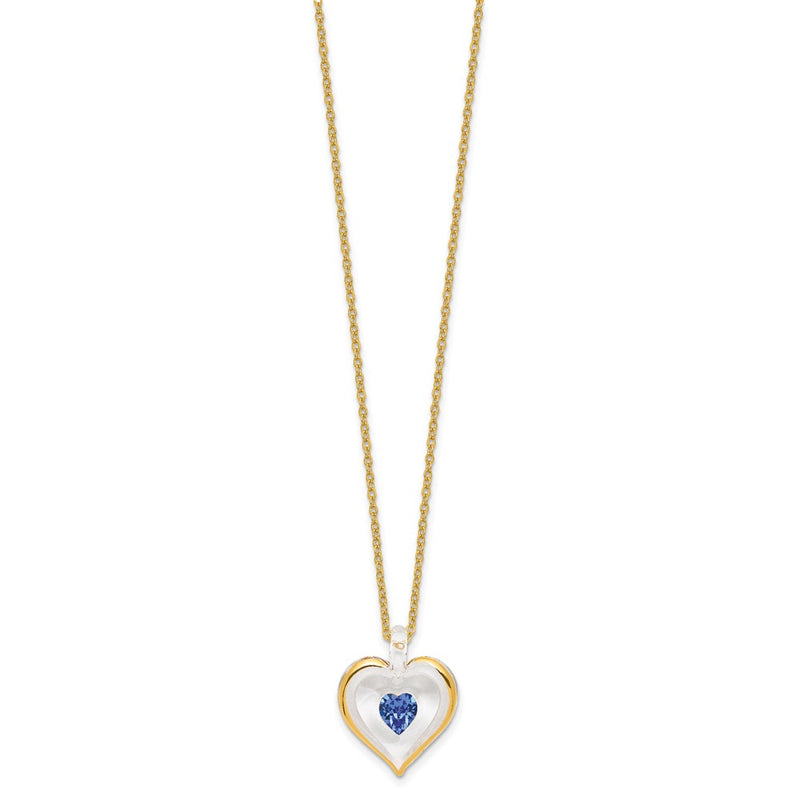 Glass Baron 22K Accent Gilding Gold-trim Glass with Blue September Birthstone Crystal from Swarovski Heart 18 inch Gold-tone Necklace