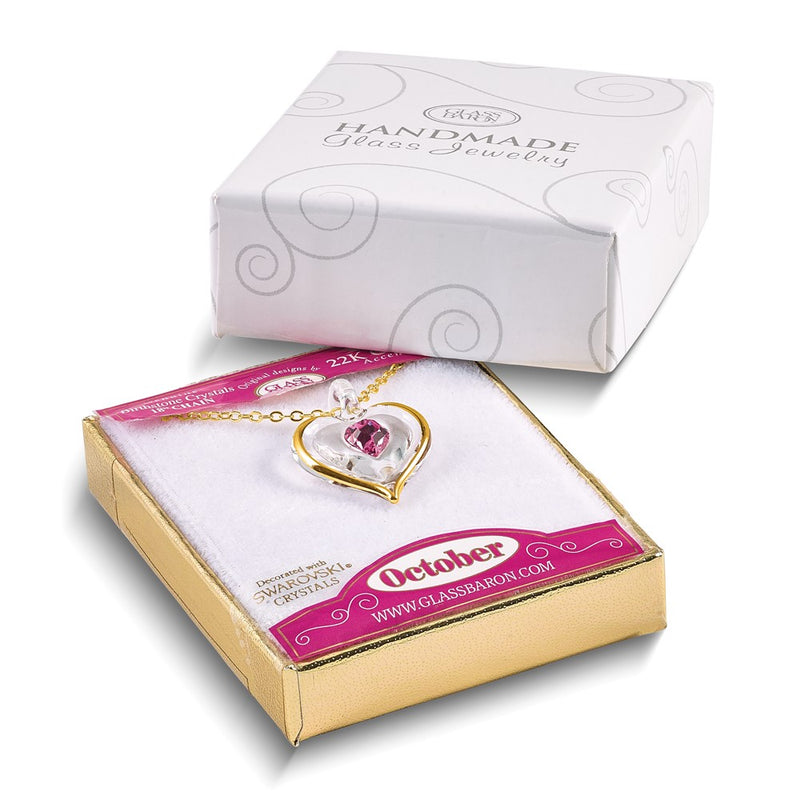Glass Baron 22K Accent Gilding Gold-trim Glass with Pink October Birthstone Crystal from Swarovski Heart 18 inch Gold-tone Necklace