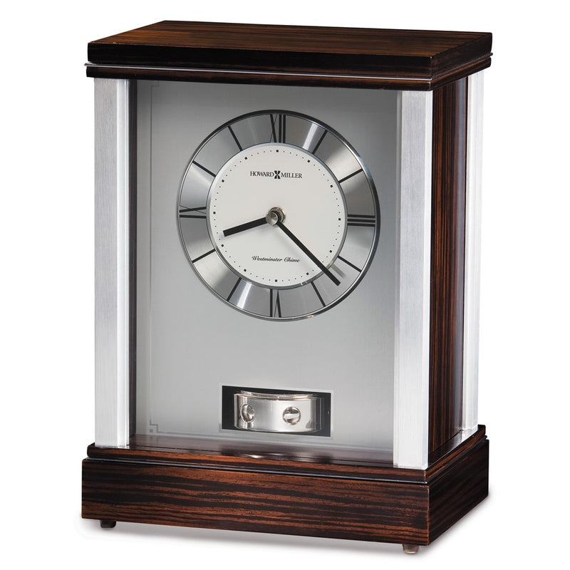 Howard Miller Gardner Brushed Aluminum and Ebony Finish Wood Chiming Quartz Mantel Clock