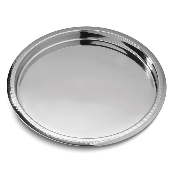 Stainless Steel 14 inch Round Bar Tray with Hammered Rim