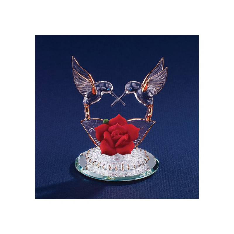 Hummingbirds and Red Rose Handcrafted Glass Figurine with 22k Gold Trim