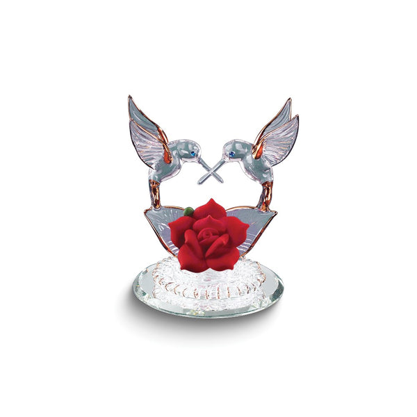 Hummingbirds and Red Rose Handcrafted Glass Figurine with 22k Gold Trim