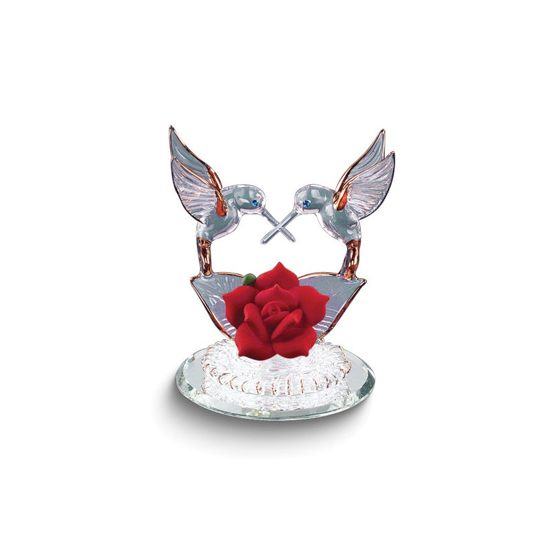 Hummingbirds and Red Rose Handcrafted Glass Figurine with 22k Gold Trim