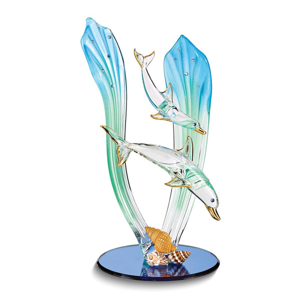Dolphin and Baby Handcrafted Glass Figurine with Shells and 22k Gold Trim