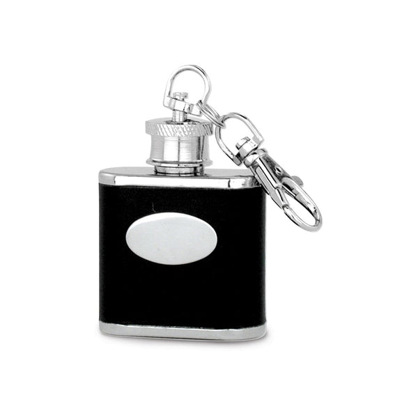 Rebel Steel Black Faux Leather Polished Stainless Steel 1 ounce Key Ring Flask with Funnel