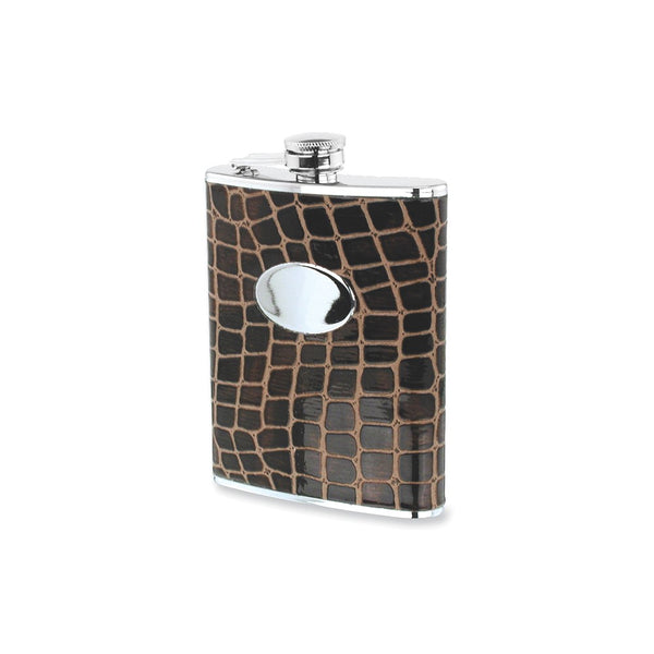 Rebel Steel Brown Faux Croco Leather Stainless Steel 8 ounce Hip Flask with Funnel and Oval Engraving Area