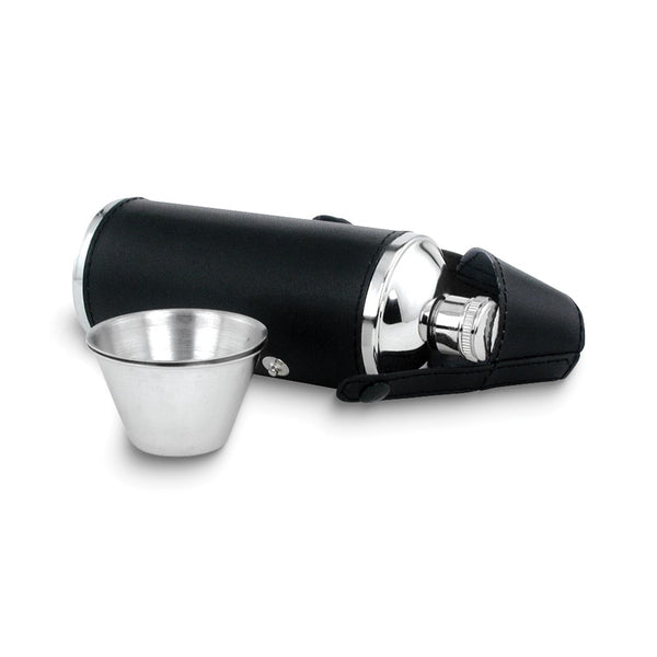 Rebel Steel Black Leather Covered Stainless Steel 8 ounce Flask with 2 Shot Cups