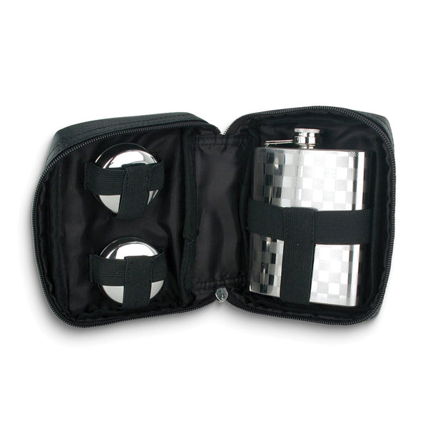 Rebel Steel Black Faux Leather Case with Two Collapsible Shot Cups and 7 ounce Checkered Flask