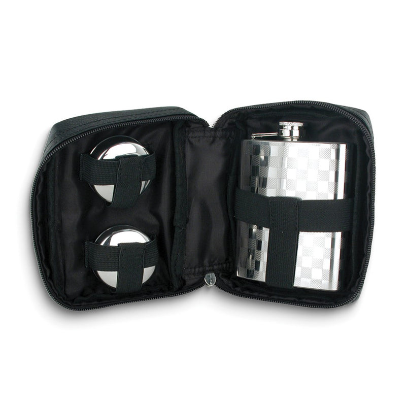 Rebel Steel Black Faux Leather Case with Two Collapsible Shot Cups and 7 ounce Checkered Flask