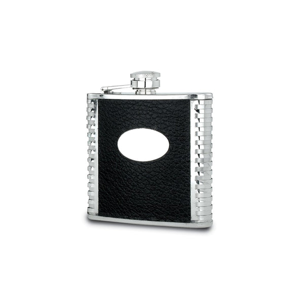 Rebel Steel Black Faux Leather Polished Stainless Steel 6 ounce Hip Flask with Funnel and Oval Engraving Area
