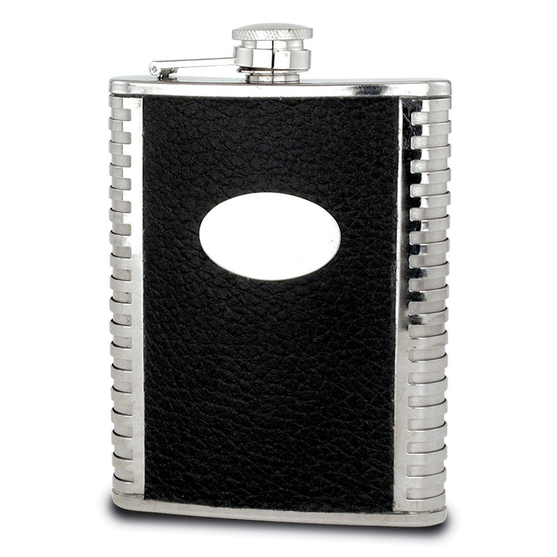 Rebel Steel Black Faux Leather Polished Stainless Steel 8 ounce Hip Flask with Funnel and Oval Engraving Area