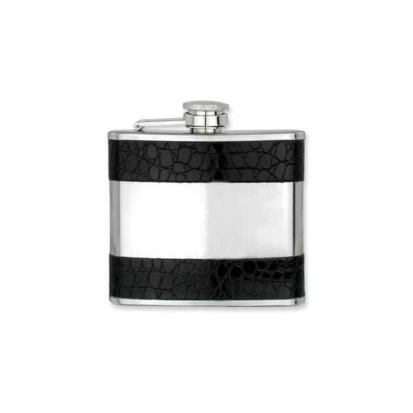 Rebel Steel Black Faux Leather Trimmed Polished Stainless Steel 5 ounce Hip Flask with Funnel