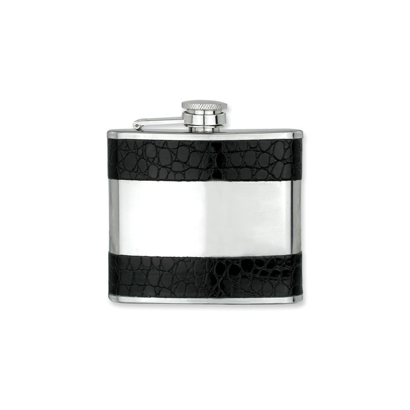 Rebel Steel Black Faux Leather Trimmed Polished Stainless Steel 5 ounce Hip Flask with Funnel