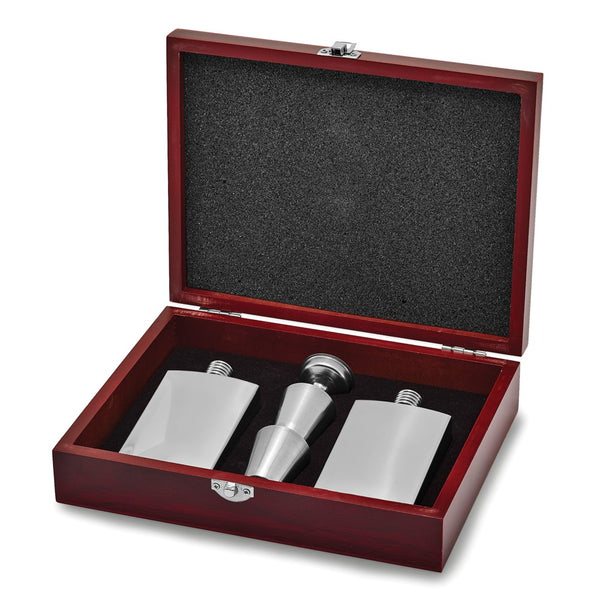 Rebel Steel Polished Stainless Steel Two-4 ounce Flasks, 2 Shot Glasses and 2 Funnels Set in Wooden Gift Box