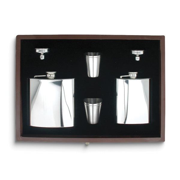 Rebel Steel Polished Stainless Steel Two Flasks (6 ounce and 4 ounce) with 4 Shot Glasses and 2 Funnels in Wooden Gift Box