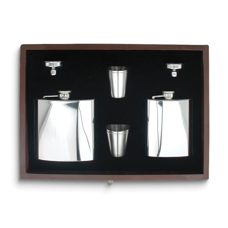 Rebel Steel Polished Stainless Steel Two Flasks (6 ounce and 4 ounce) with 4 Shot Glasses and 2 Funnels in Wooden Gift Box