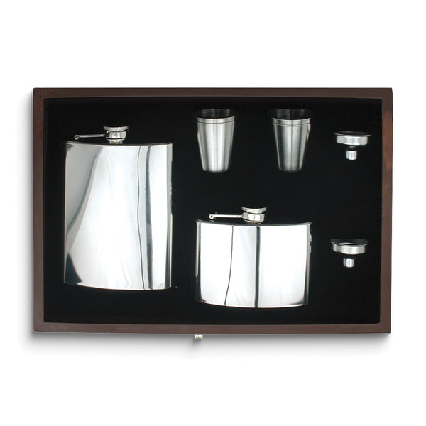 Rebel Steel Polished Stainless Steel Two Flasks (8 ounce and 4 ounce) with 4 Shot Glasses and 2 Funnels in Wooden Gift Box