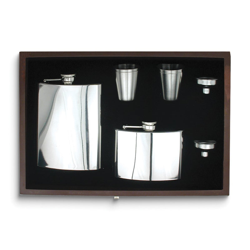 Rebel Steel Polished Stainless Steel Two Flasks (8 ounce and 4 ounce) with 4 Shot Glasses and 2 Funnels in Wooden Gift Box