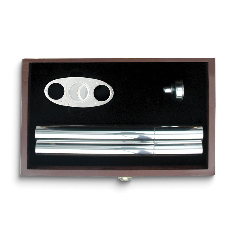 Rebel Steel Stainless Steel Cigar Tube/Flask Gift Set with Cigar Cutter and Funnel In Wooden Gift Box