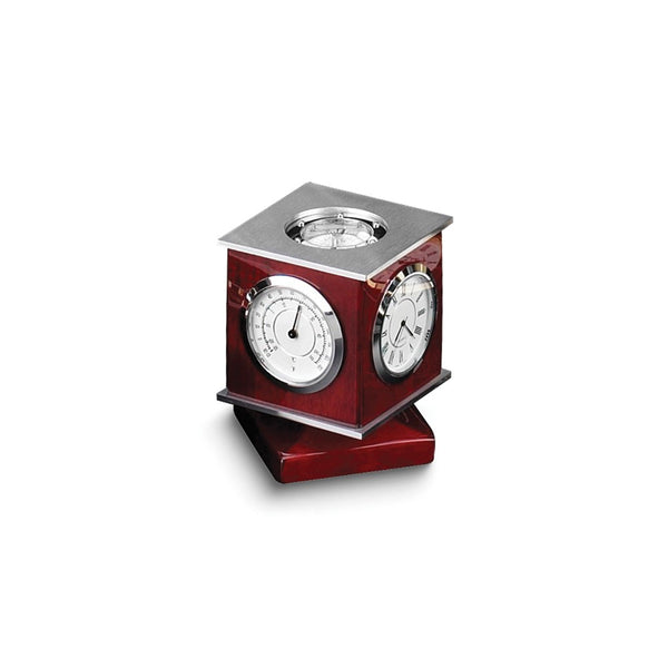 Rosewood Finish Wooden Rotating Clock, Compass, Thermometer, and Hygrometer with Engraving Plate