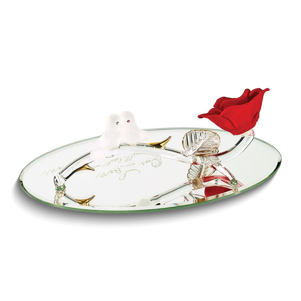 OUR LOVE WILL LAST FOREVER Red Rose with Doves Handcrafted Glass Figurine with 22k Gold Trim